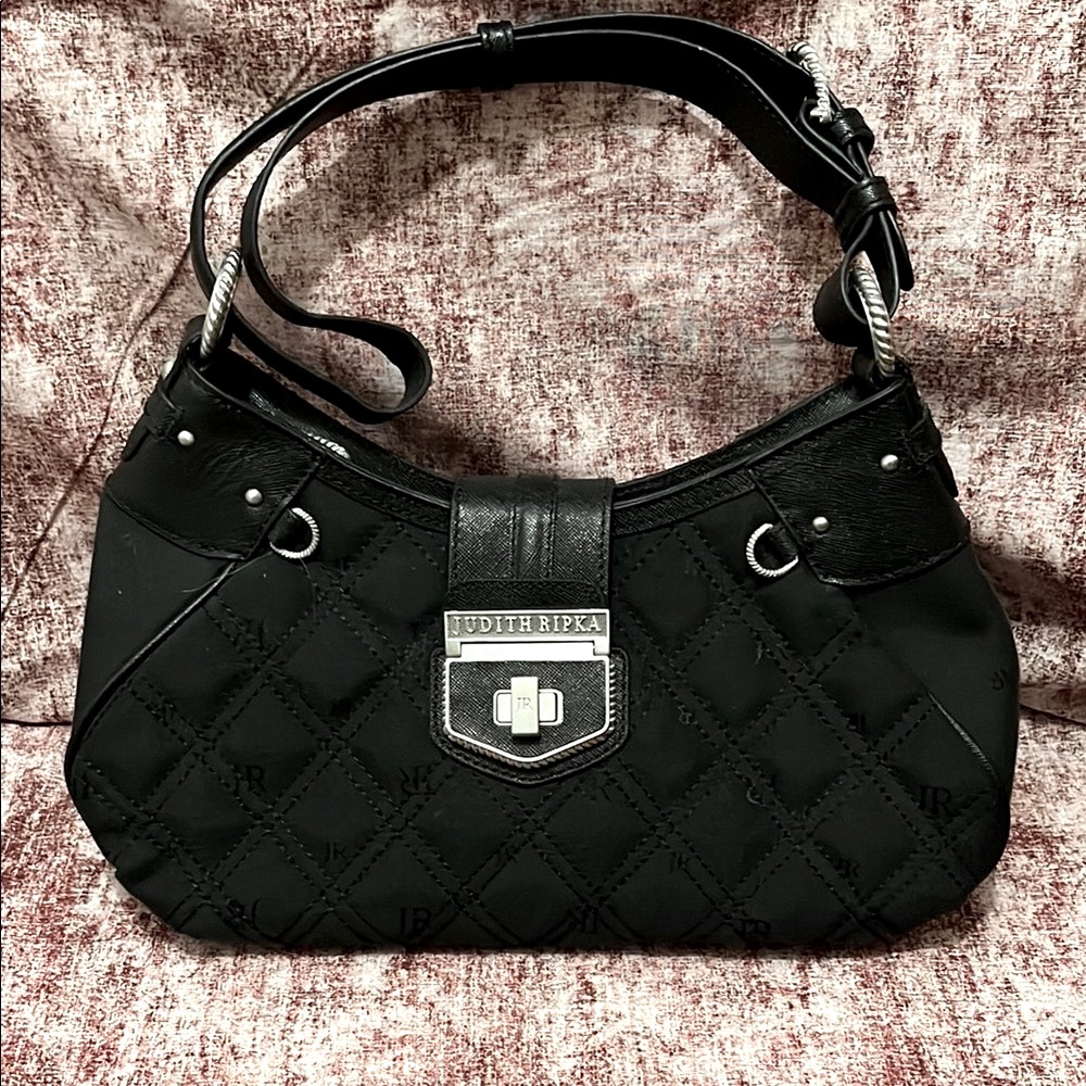 Judith Ripka Stanton Black Quilted Jacquard/Leather Bag
